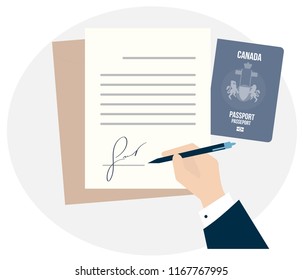 Business man hand sign fake signature document vector illustration, person hold contract signed application. Canadian citizenship biometric passport. Travel Study Immigration to Canada North America