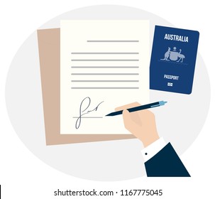 Business man hand sign fake signature document vector illustration, person hold contract signed application