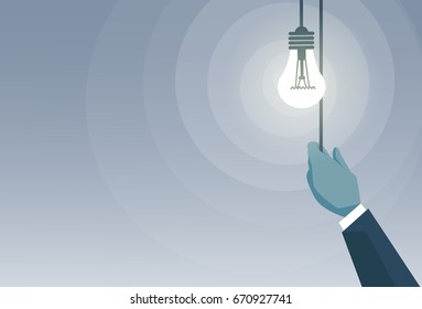 Business Man Hand Switching Light Bulb New Creative Idea Concept Flat Vector Illustration