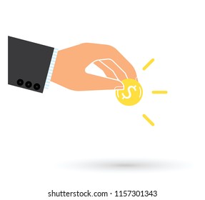 Business man hand throwing a gold dollar coin. Vector illustration.