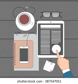 Business Man Hand Touch Tablet Screen Finger, Businessman Office Workplace Desk Top Angle Above View Vector Illustration
