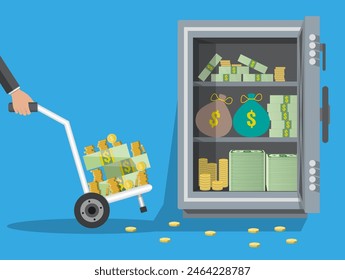 Business man with a hand truck full of money and coins. steel safe with money. loading money in safebox. vector illustration in flat style on blue background