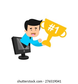 Business man handing a trophy from a laptop
