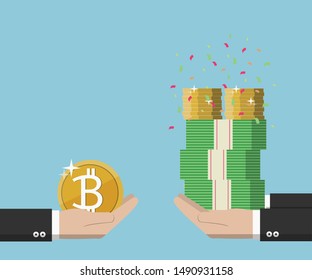 business man hands exchange bitcoin with gold coin, vector, illustration