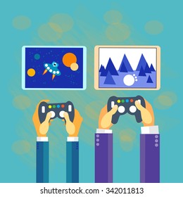 Business Man Hands Gamer Play Tablet Video Game Screen Hold Pad Controller Flat Vector Illustration