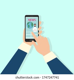 Business man hands holding cellphone with world news, words headline, abstract text and photo, vector illustration