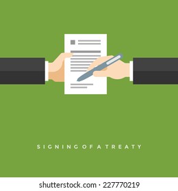 Business man hands holding contract and pen, signing of a treaty business contract flat design vector illustration