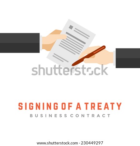 Business man hands holding contract and pen, signing of a treaty business contract flat design vector illustration
