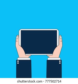 Business Man Hands Holding Digital Tablet Computer Isolated On Blue Background Thin Line Design Vector Illustration