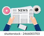 Business man hands holding newspaper with world news words headline, coffee break, lunch, breakfast, Vector illustration in flat style