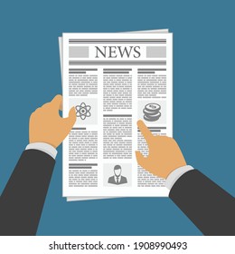 Business man hands holding newspaper. Man reading a Newspaper news. Vector illustration in flat design on background.