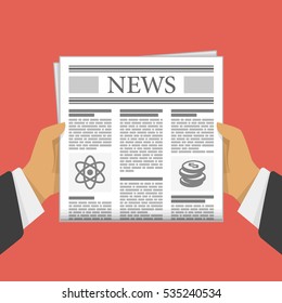 Business man hands holding newspaper. Man reading a Newspaper news. Vector illustration in flat design on red background.