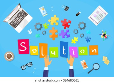 Business Man Hands Making Puzzle Desk Solution Concept Flat Vector Illustration