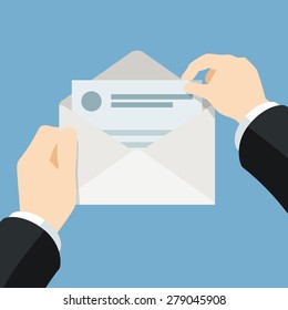 Business Man Hands Opening Envelope With Letter, Flat Style Vector Illustration