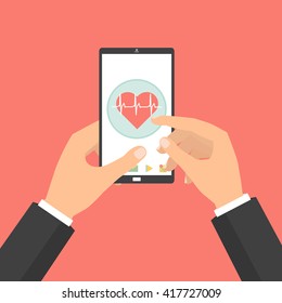 Business man hands point to smart phone tablet screen for health check concept of telemedicine technology on red background. Vector illustration cloud internet of things technology trend.