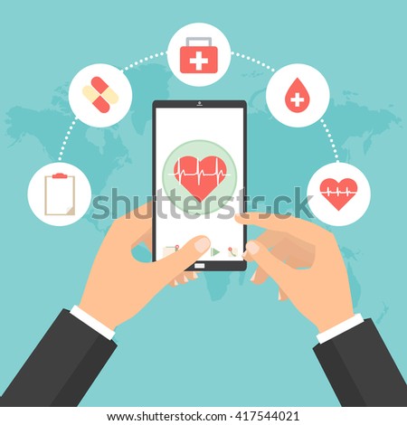 Business man hands point to smart phone tablet screen for health check concept of telemedicine technology. Vector illustration cloud internet of things technology trend.