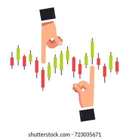 Business Man Hands Pushing Index Candlestick Chart Of Shares Or Equity. Business Metaphor Of Stock Market Manipulation And Financial Investment Forecasting. Flat Style Isolated Vector Illustration.