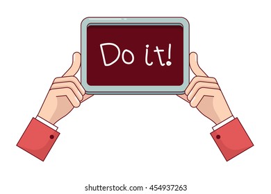 Business man hands showing handwritten Do it sign. Holding motivational plate. Modern flat style thin line vector illustration isolated on white background.