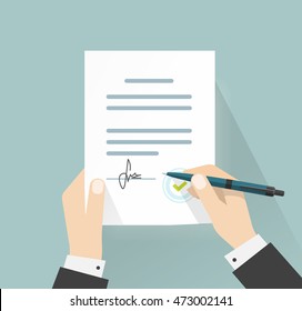 Business man hands signing document vector illustration, person holding contract signed and pen, legal agreement with signature and stamp top view, flat cartoon design isolated on blue