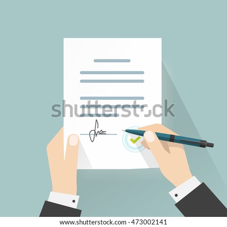 Business man hands signing document vector illustration, person holding contract signed and pen, legal agreement with signature and stamp top view, flat cartoon design isolated on blue