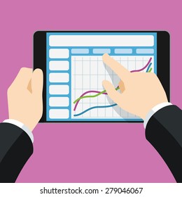Empresario que interviene en tableta con gráfico empresarial, ilustración vectorial de estilo plano