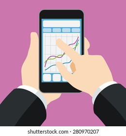 Business man hands tapping on smartphone or tablet pc with business chart, flat style vector illustration