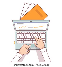 Business man hands using laptop computer making online sales analytics report. Modern flat style thin line top view vector illustration isolated on white background.