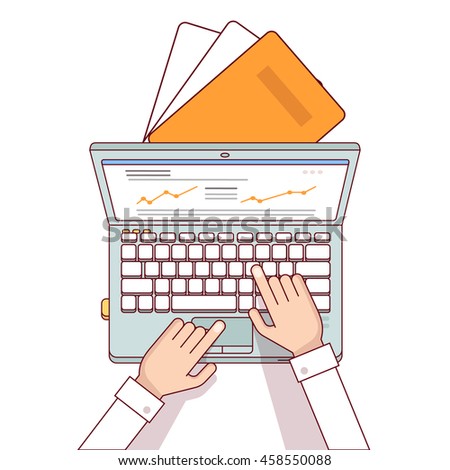 Business man hands using laptop computer making online sales analytics report. Modern flat style thin line top view vector illustration isolated on white background.