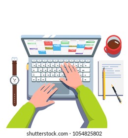 Business man hands working in calendar app on laptop computer planning business week agenda tasks & meetings time. Top overhead view of typing hands, pencil notes on paper. Flat vector illustration