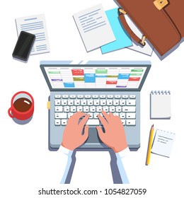 Business man hands working in calendar app on laptop computer planning business week agenda tasks. Top overhead view of typing hands, paper documents, coffee cup. Flat isolated vector illustration