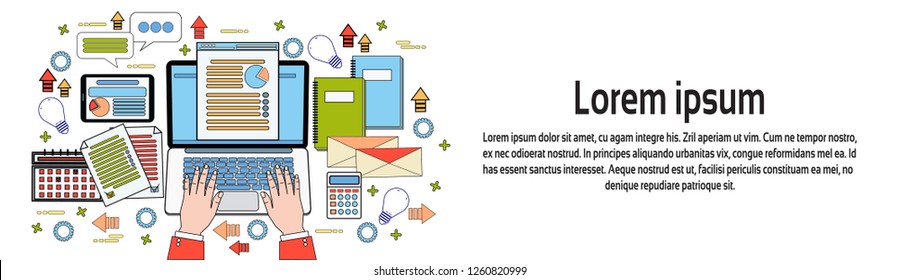 Business Man Hands Working On Laptop Computer Workplace Top Angle View Horizontal Banner With Copy Space, Data Study Process