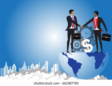 business man handshake  on The earth with background city scape,business concept