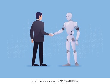 Business man handshake with robot, human and artificial intelligence (AI) concept, vector illustration