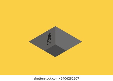 Business man hanging concept for business problem. visionary leadership different business routes. Symbol of ambition, motivation
