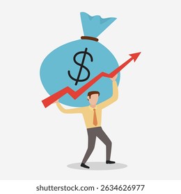 Homem De Negócios Na Seta Para Baixo. Conceito de crise financeira. Ilustração de vetor de desenhos animados.  