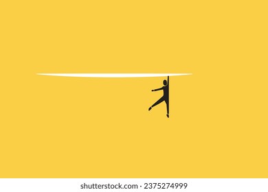 Business man hanging on paper cut concept for business problem. visionary leadership different business routes. Symbol of ambition, motivation