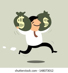 Business Man Happy With Carrying A Lot Of Money. Vector Illustration.