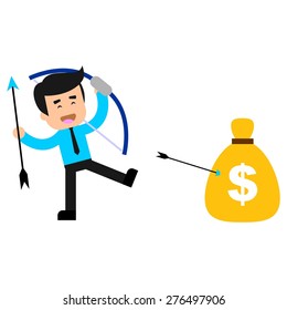 Business man happy holding bow and arrow celebrating his achievement cartoon