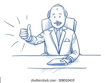 Business man, happy smiling boss, sitting at his desk showing like, thumbs up, hand drawn doodle vector illustration