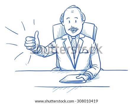 Business man, happy smiling boss, sitting at his desk showing like, thumbs up, hand drawn doodle vector illustration