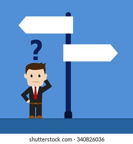 Business man with a hard choice. Vector illustration.