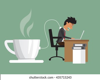 business man hard working with need a power charging from coffee. vector illustration.