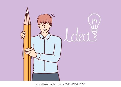 Business man has come up with idea to attract clients and holding giant pencil, standing near drawing of light bulb. Guy student rejoices at idea of writing a successful thesis for final exam