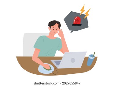 A business man has a problem at work and the warning light is going off. outline simple vector illustration.