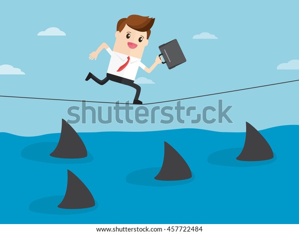business man have courage running on rope over a\
sea of sharks
