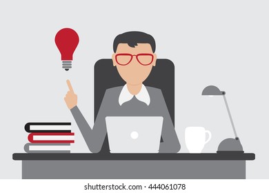 Business man have an idea for startup with Eureka lamp in bubbletext. Flat design. EPS10 vector.