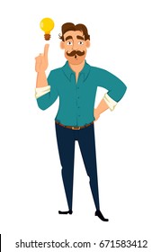 Business man having a brilliant idea. Guy with mustache pointing at lamp, idea concept. Vector. 