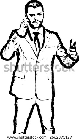 Business man having conversation by phone mobile and gesticulate with his hand isolated on white background Sketch vector
