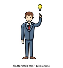 Business man having an idea and pointing finger up to the lightbulb. Infographic element. Vector character