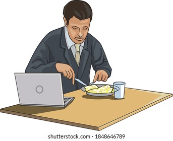 A business man having lunch in front of laptop at office